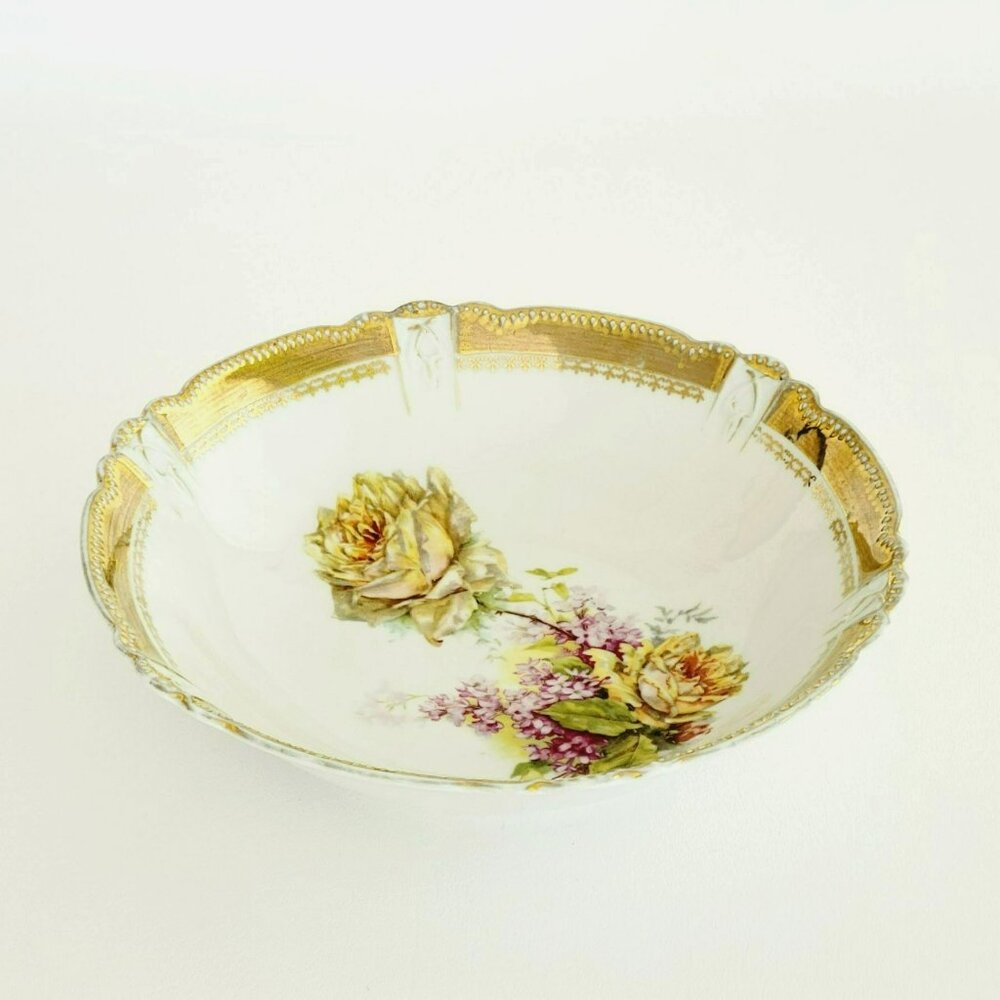 Antique German Gold & White Floral Rose Bowl, Three Crown c1910s Victorian Decor